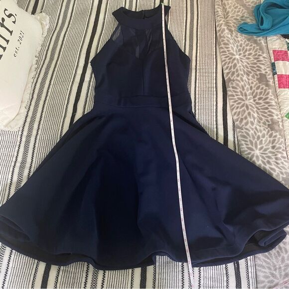 B Darlin Fit & Flare Halter Mini Dress sz 1/2 Navy Blue Mesh Cutout Party Dress - Picture 15 of 16